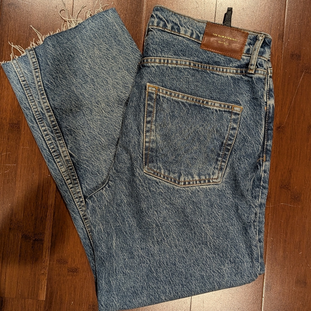 Zara Blue Jeans Size 12 The Slim Straight In Bave Blue High Waist Raw Hem